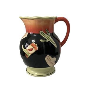 Clay Art Sundown Hand Painted Santa Fe Mexico Cowboy Boot Sombrero Water Pitcher